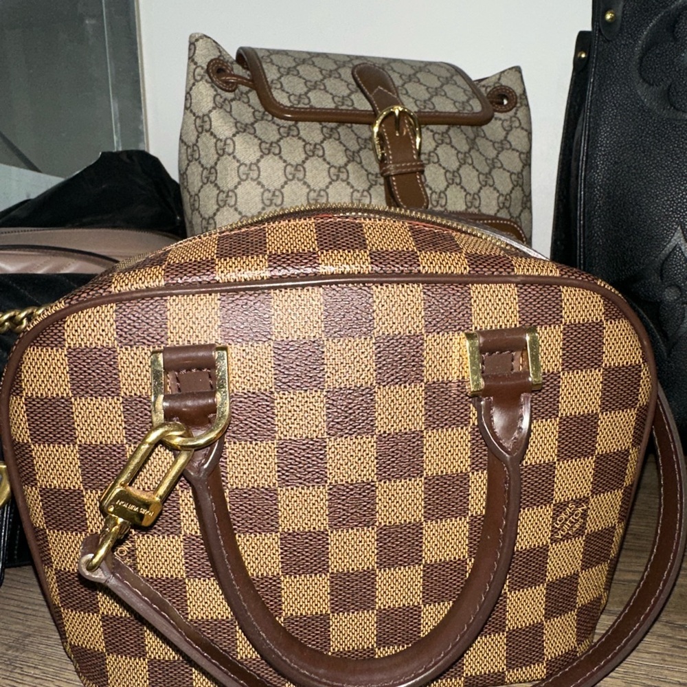 Louis Vuitton Brown Checkered Satchel with Gold Accents